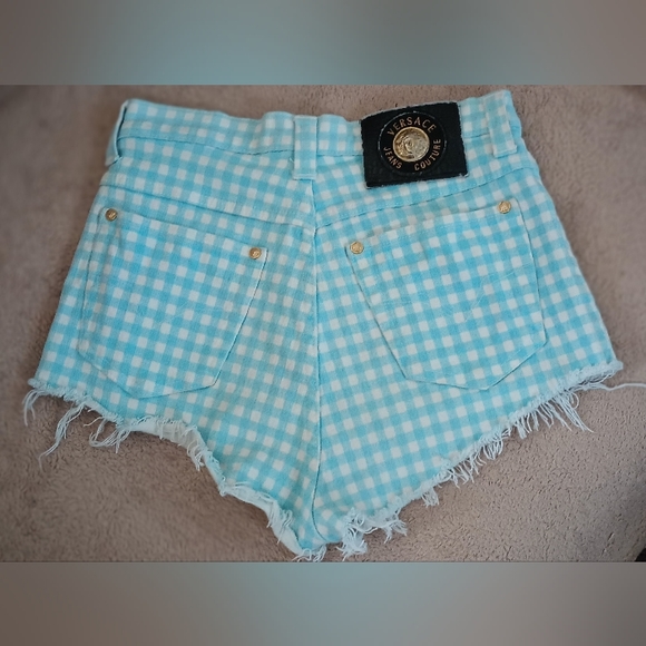💙 Vintage Versace '90s Plaid High Waist Prairie Shorts - Picture 2 of 16